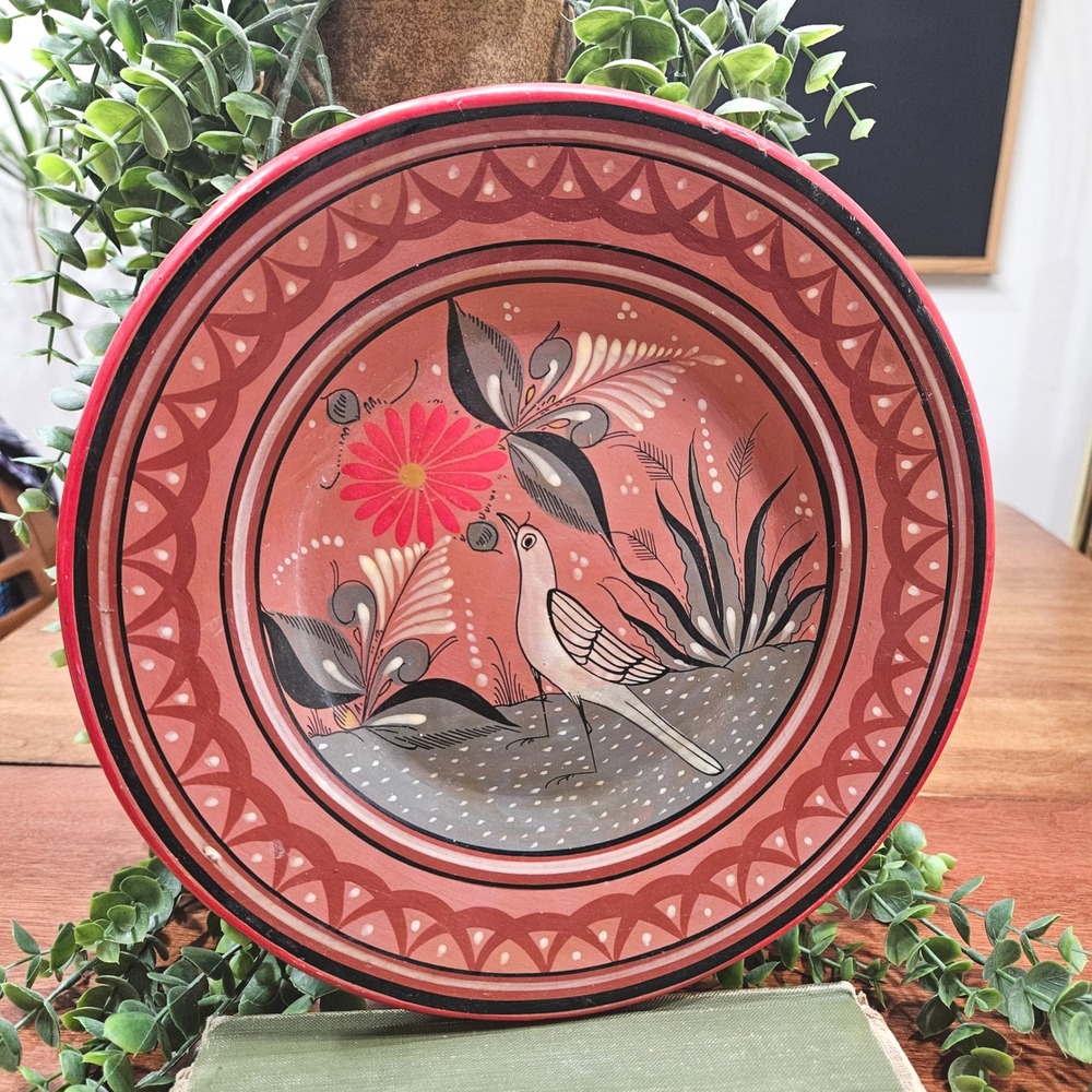 Vintage Tonala Mexico Hand Painted Pottery Wall Plate Bird Floral 10" Folk Art